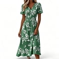 thumbnail image 3 of Bxsruta Women's Floral Print V Neck Short Sleeve Midi Dress Casual A Line Flowy Long Dress for Work Party Pull on Comfortable Elastic Waist Lightweight Everyday, 3 of 7