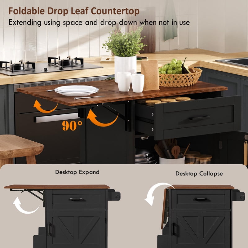 Farmhouse Small Kitchen Rolling Cart with Drop Leaf, Kitchen Island Storage Cabinet with Racks, Hooks, Drawer & Lockable Wheel