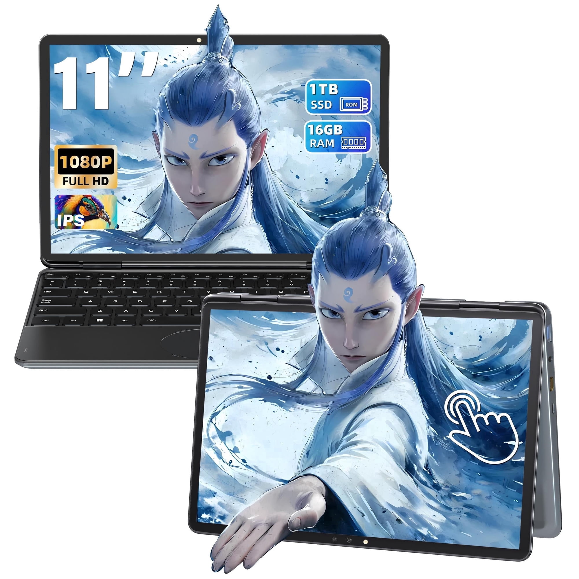 Fsjun 11" Mini 2-in-1 Touchscreen Laptop, Intel N100, 16GB DDR4 RAM, 1TB SSD, Win 11 Pro + Office 2019, Backlit Keyboard, Facial Recognition, USB-C, Portable Laptop