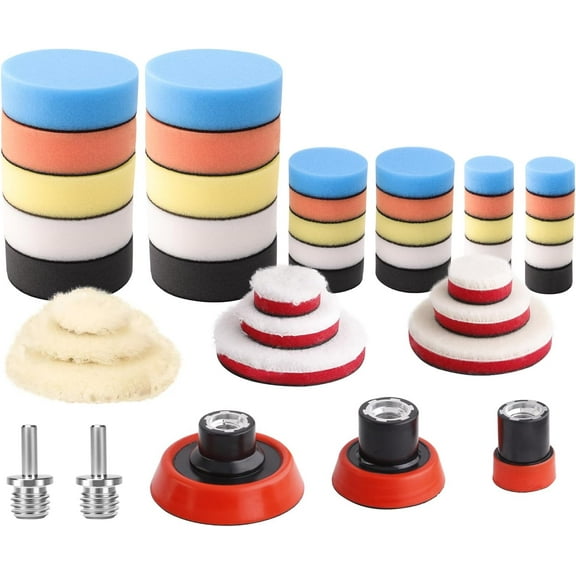 1/2/3 inch Buffing Pads, 44 Pcs Car Foam Drill Polishing Pads Kit, Detail Polishing for Drill Buffer Polisher Attachment Kit with Thread Backing Pad & Adapters