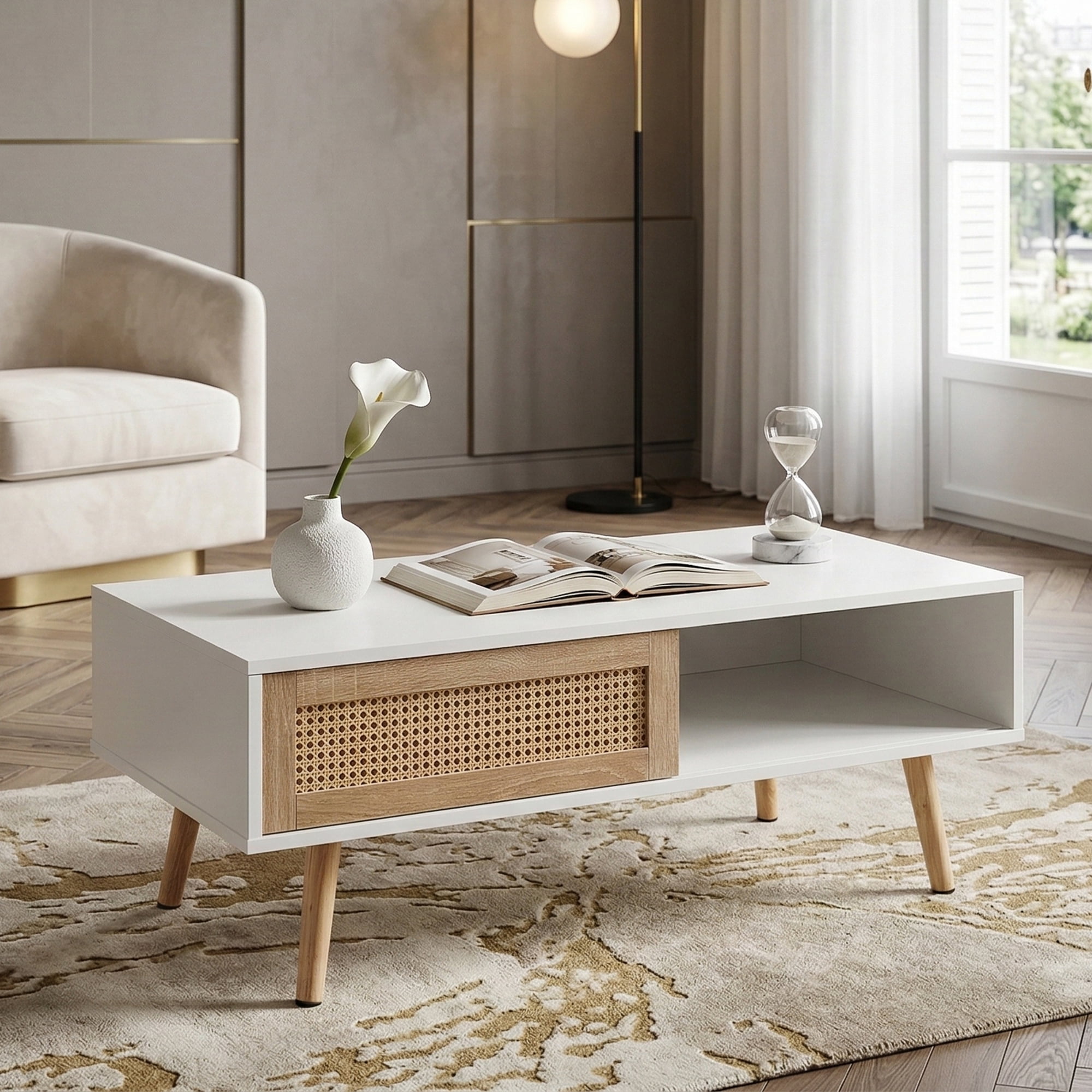 Leumius 41.3 Inch Rattan Coffee Table with Sliding Storage Door, Rectangle Wooden Accent Center Sofa Table with Solid Wood Legs,Suitable for Living Room,White
