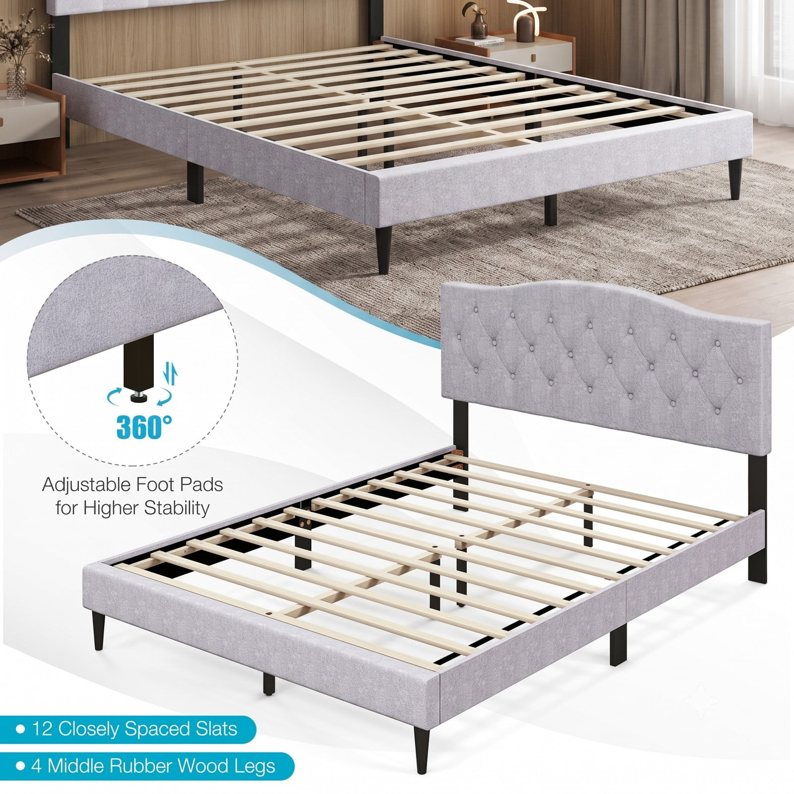 Furnibear Queen Bed Frame Upholstered Platform Bed with Button Tufted Headboard and Wooden Slats for Bedroom and Guest Room, Gray