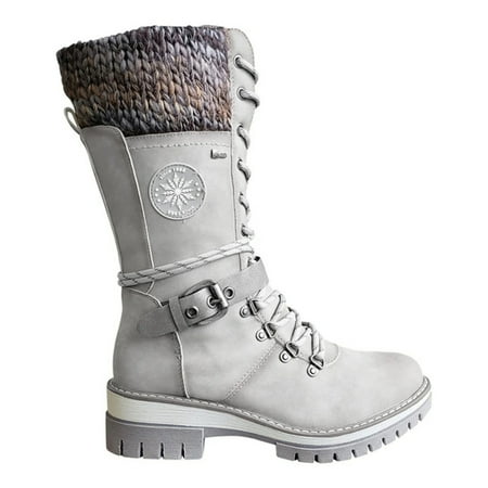 

Women Buckle Lace Knitted Mid-calf Boots Low Heel Round Toe Boots New