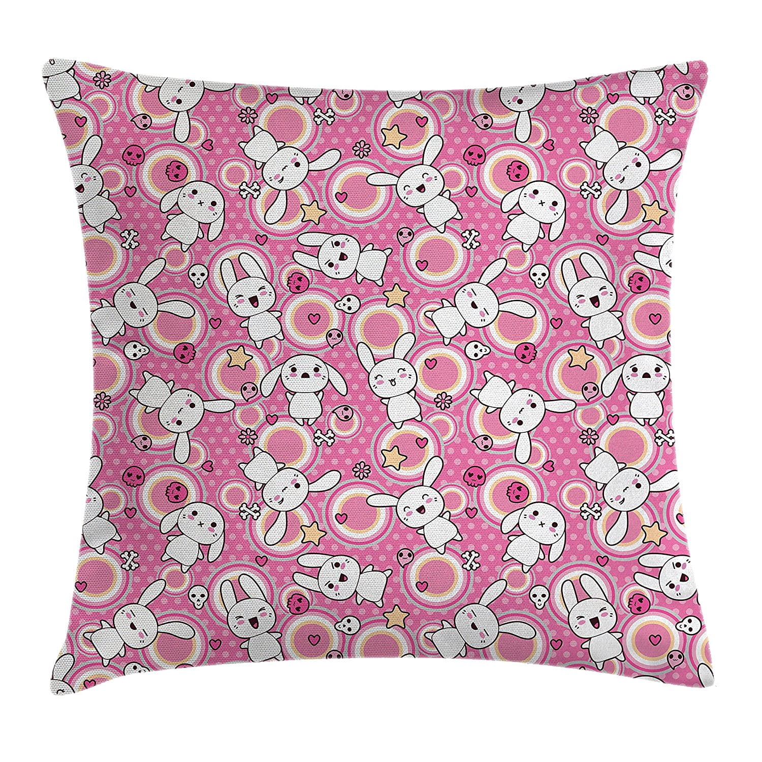 Anime Throw Pillow Cushion Cover by , Funny Kawaii Illustration with Rabbits Funky Cute Animals ...