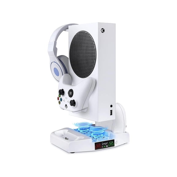 Vertical Stand with Cooling Fan for Xbox Series S Console, Dual Controller Charger Station, 3 Level Adjustable Wind Speed with Headset Holder