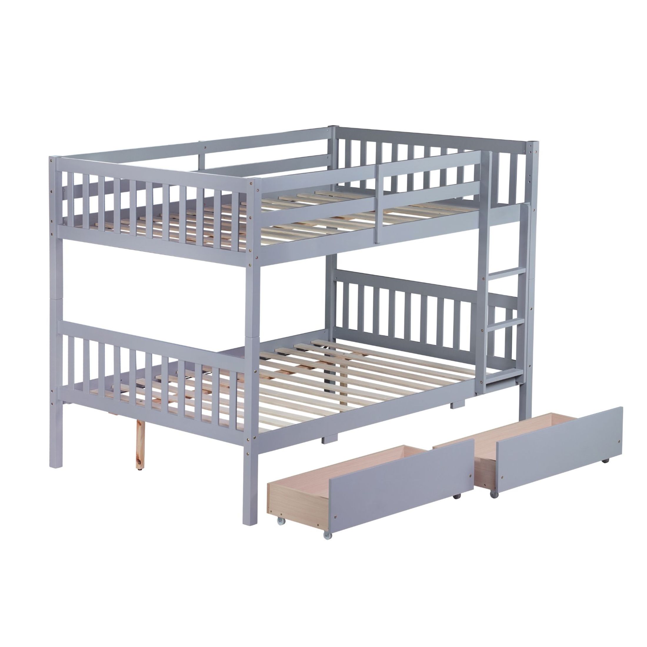 Noble House Full Over Full Rubber Wood Bunk Bed, Convertible Design with 2 Storage Drawers, Guardrails & Ladder, Grey