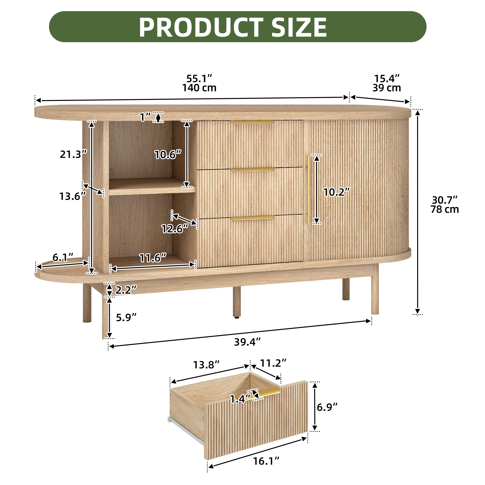 Uforic Fluted Sideboard with Drawers, Modern Buffet Cabinet with Storage & Adjustable Shelves, Oak
