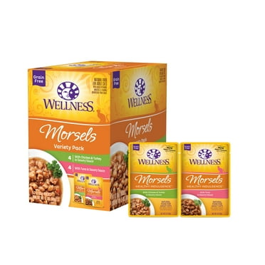 Wellness Healthy Indulgence Morsels Grain-Free Wet Cat Food, Made with Natural Ingredients and Quality Proteins, Complete and Balanced Meal, 3 oz Pouches (Morsels Variety Pack, 8 Pack) C9