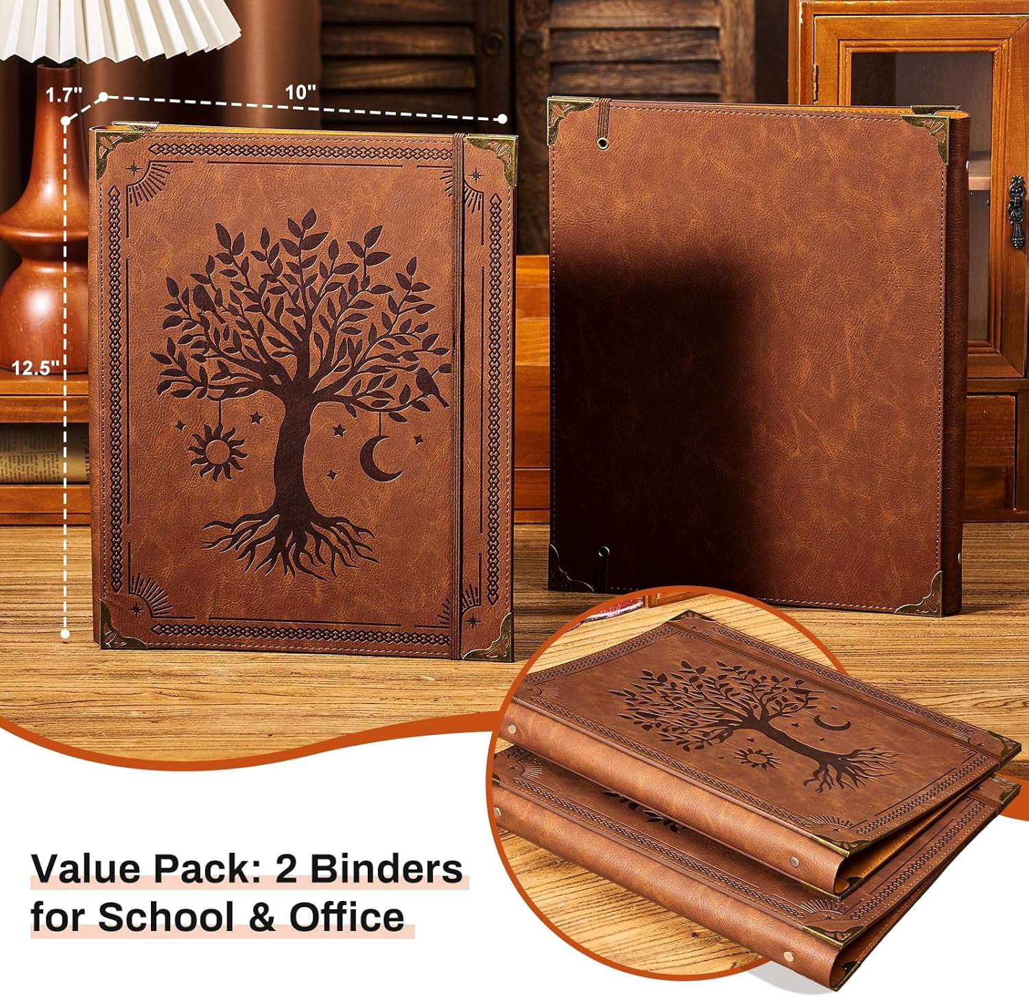 2 Pack Leather 3 Ring Binder Fits 8.5"x11" Letter Size Paper, 1 Inch Round Ring Binder Holds 200 Sheets, Notebook Cover Loose Leaf Organizer, Brown Tree