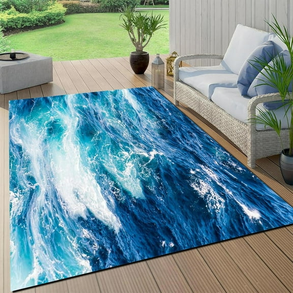 4x8ft Ocean Beach Theme Area Rug, Sea Waves Crystal Velvet Area Rug For Living Dining Room Bedroom Home Decorative, Soft Non-Shedding Carpet Floor Mats Stain Resistant Washable