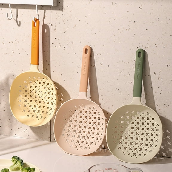 Plastic Long Handle Colander Spoon | Mesh Strainer for Noodles Dumplings Vegetables | Ergonomic Lightweight Drain Tool | Green Orange Pink | 35.5x17x2.5cm | 1 Pack