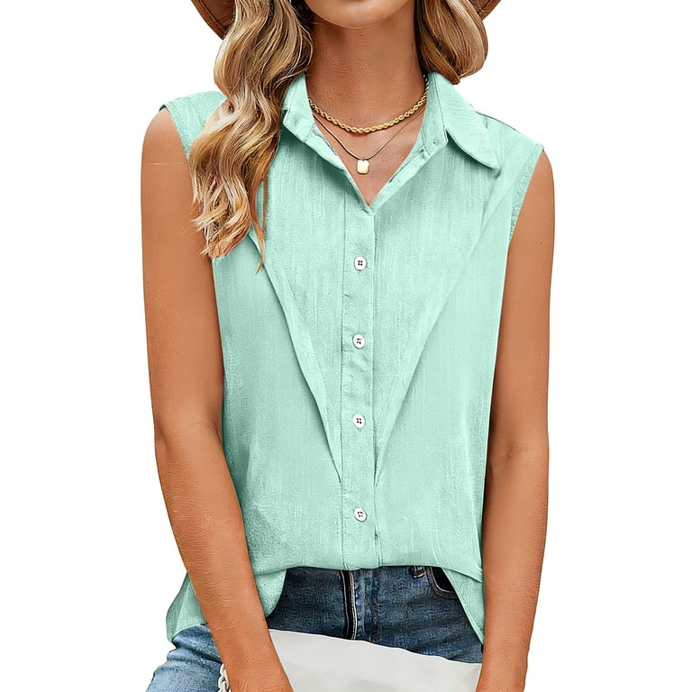 Button Down Shirts for Women Dress Cotton Sleeveless Collared Blouse Work  Business Casual Tops - Walmart.com