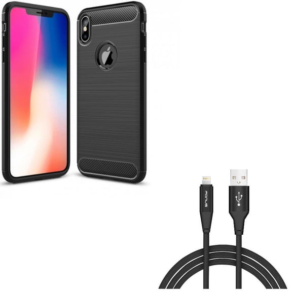 Charger Cord 10ft USB Cable w Carbon Fiber Case for iPhone XS Max - Power Wire Braided Long Sync and Slim Fit Cover Reinforced Bumper Shock Absorbent Black
