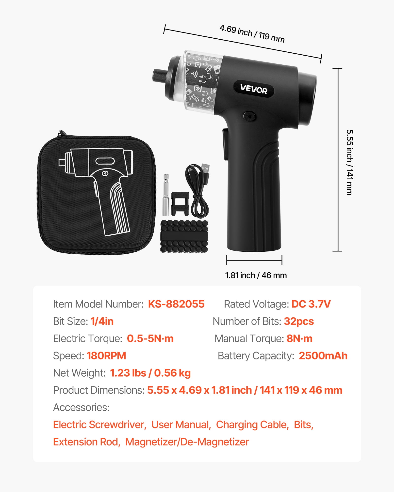 VEVOR Electric Screwdriver, 7 Torque Settings 0.5-5 N.m, 2500mAh Battery, Cordless Screwdriver Set with 32 PCS 1/4 in Bits, Digital Display, LED Light, Type-C Charging,for Furniture Electrical Repair