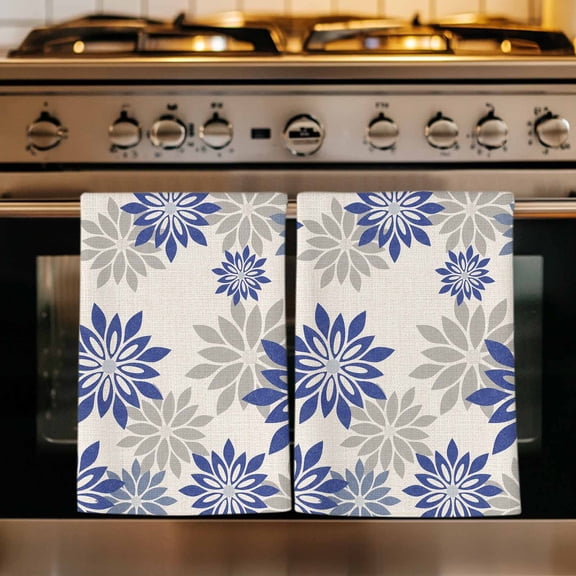 Geometric Flower Kitchen Towels Set of 1, Vintage Country Floral Blue Grey on Linen Absorbent Dish Towels for Kitchen, Microfiber Hand Towel, Quick Drying Tea Towel for Cleaning Decorative Dishcloths