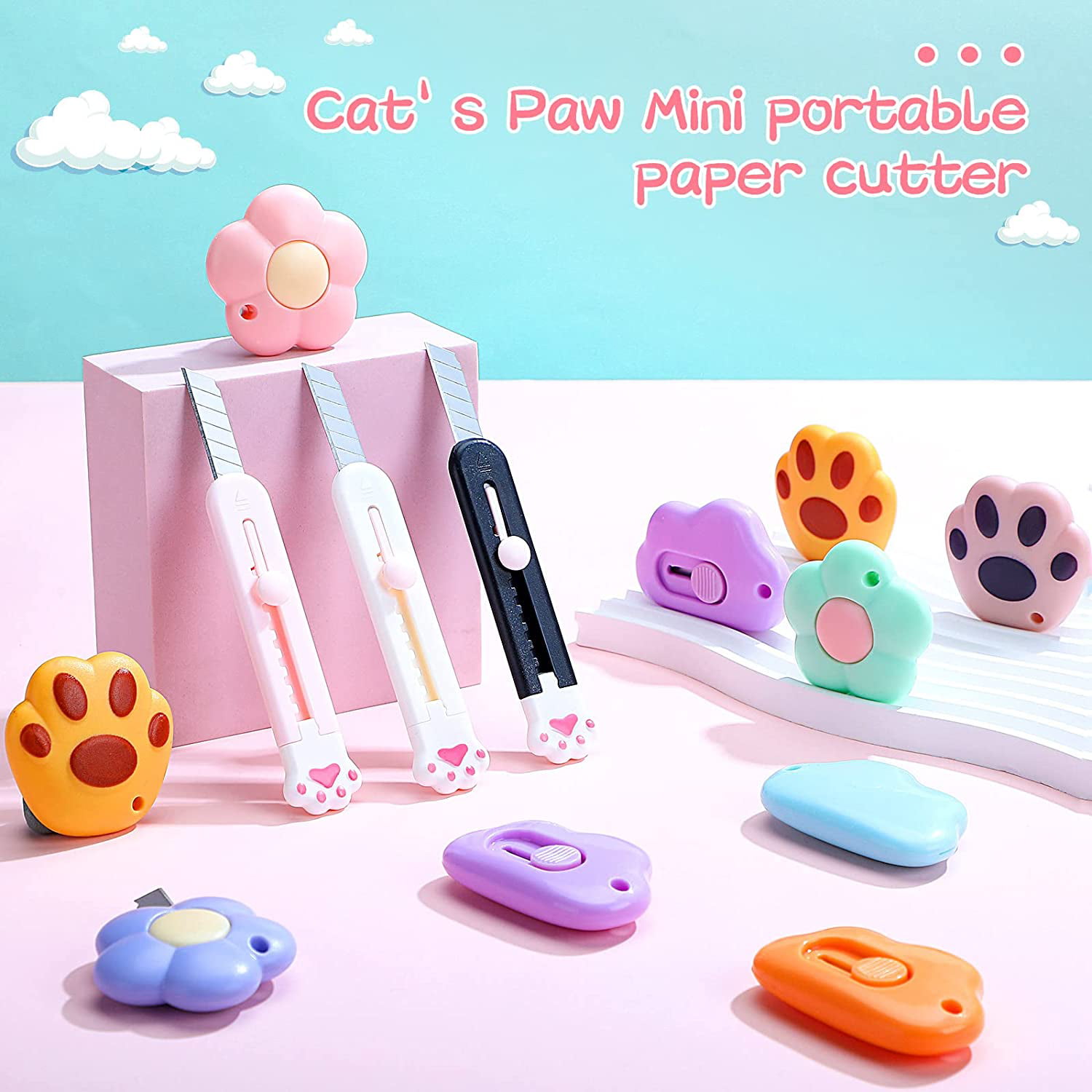26 Pcs Mini Box Cutter Cute Cloud Shaped Box Cutter Retractable Utility Knife Kawaii Cat Paw Letter Opener Portable Flower Paper Envelope Slitter