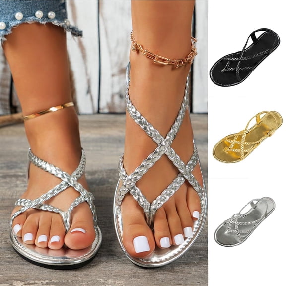 Miluxas Women's Flat Sandals Strappy Dressy Ankle Strap Casual Summer Thong Sandals for Beach Silver 9.5(43)