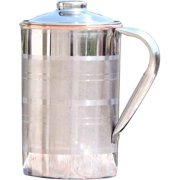 Outer Stainless Steel and Inner Copper Pitcher with Lid UNLINED, UNCOATED and LACQUER Free, Carries 1.7 Lt. (57.48 US Fl Oz) Water