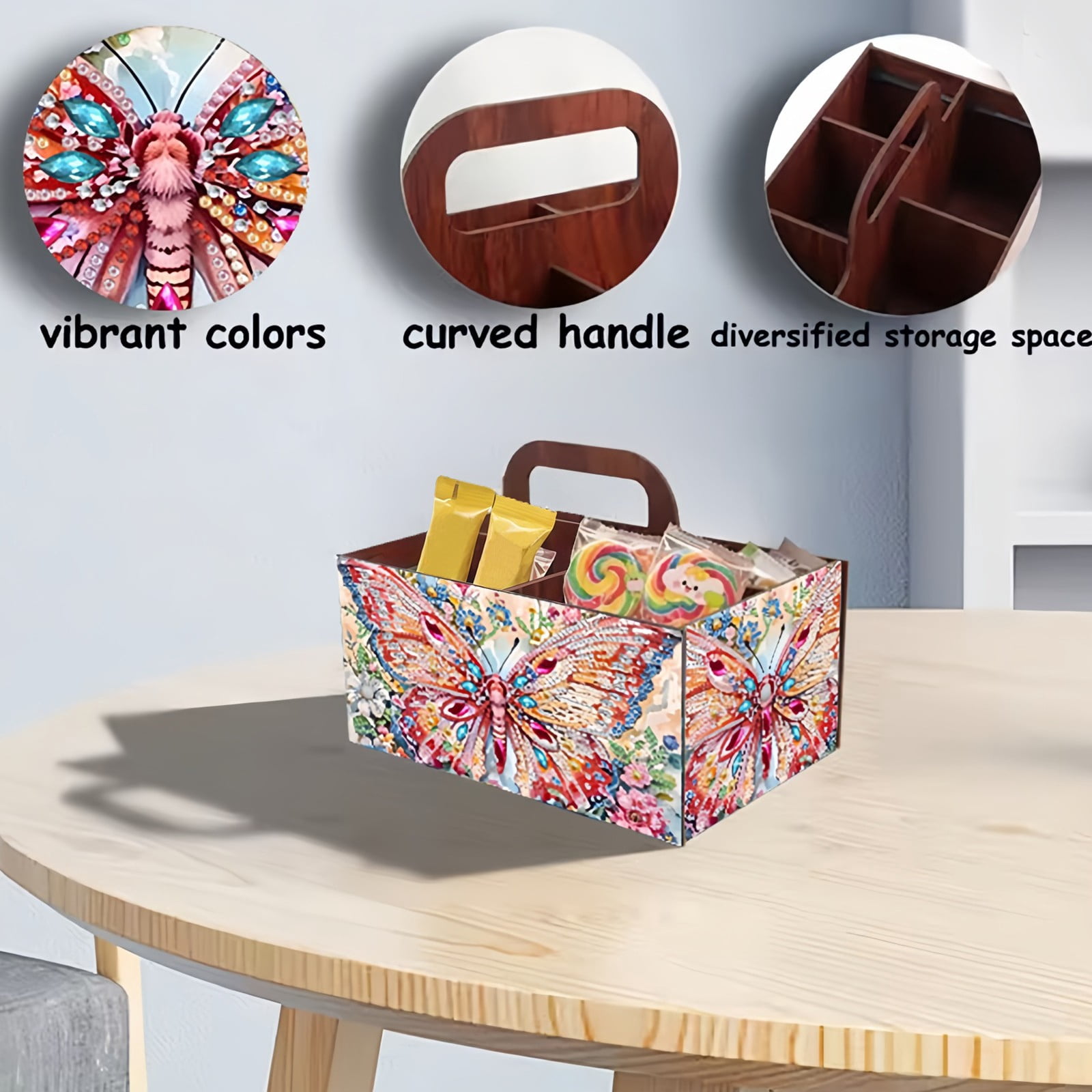 FLOPESN DIY Butterfly Diamond Art Painting 5 compartments Wooden Storage Box, 9.44*8.14in, Practical Rectangular Assembly Portable Multi-Grid Box