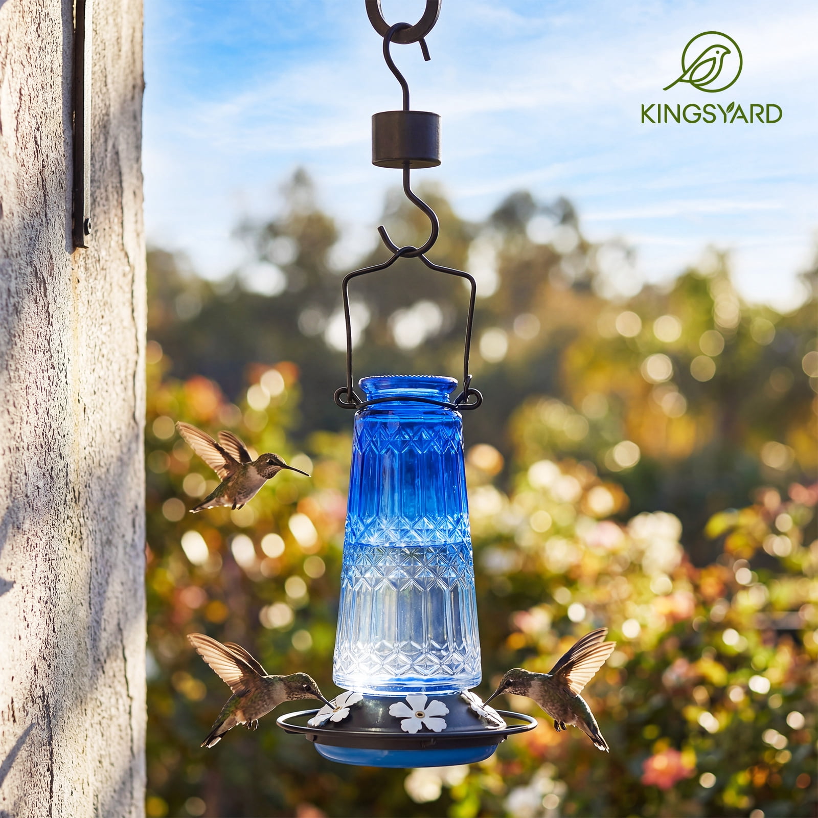 Kingsyard 18.6 oz Blue Glass Hummingbird Feeder, 5 White Ports, Ant Moat Included