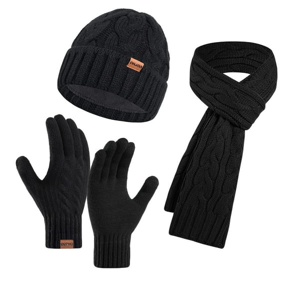 AINIYS Unisex Winter Knitted Hat Scarf Gloves Set Soft Casual Elegant Acrylic Daily Wear Warm Black Free Size