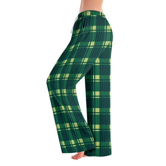 WTOBBY Women's Fashion Plaid Print Elastic Waist Drawstring Loose Fit Pajama Bottoms with Straight Leg Design for Comfortable Sleeping and Home Activities,Army Green L