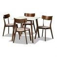 thumbnail image 1 of Baxton Studio Reba Mid-Century Modern Light Beige Fabric Upholstered and Walnut Brown Finished Wood 5-Piece Dining Set with Faux Marble Dining Table, 1 of 5