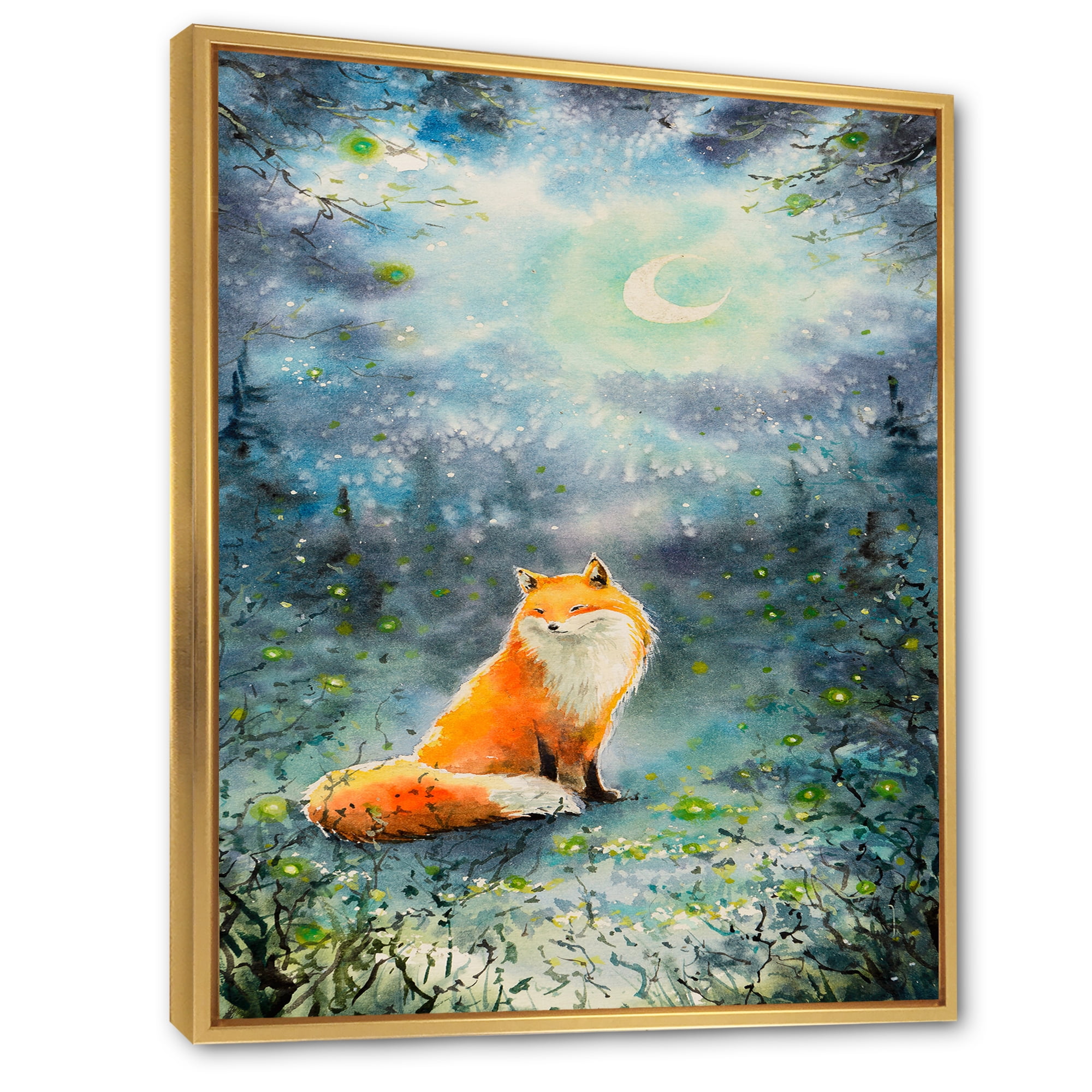 Designart 'Fox Over A Night Sky With Moon' Children's Art Framed Canvas Wall Art Print