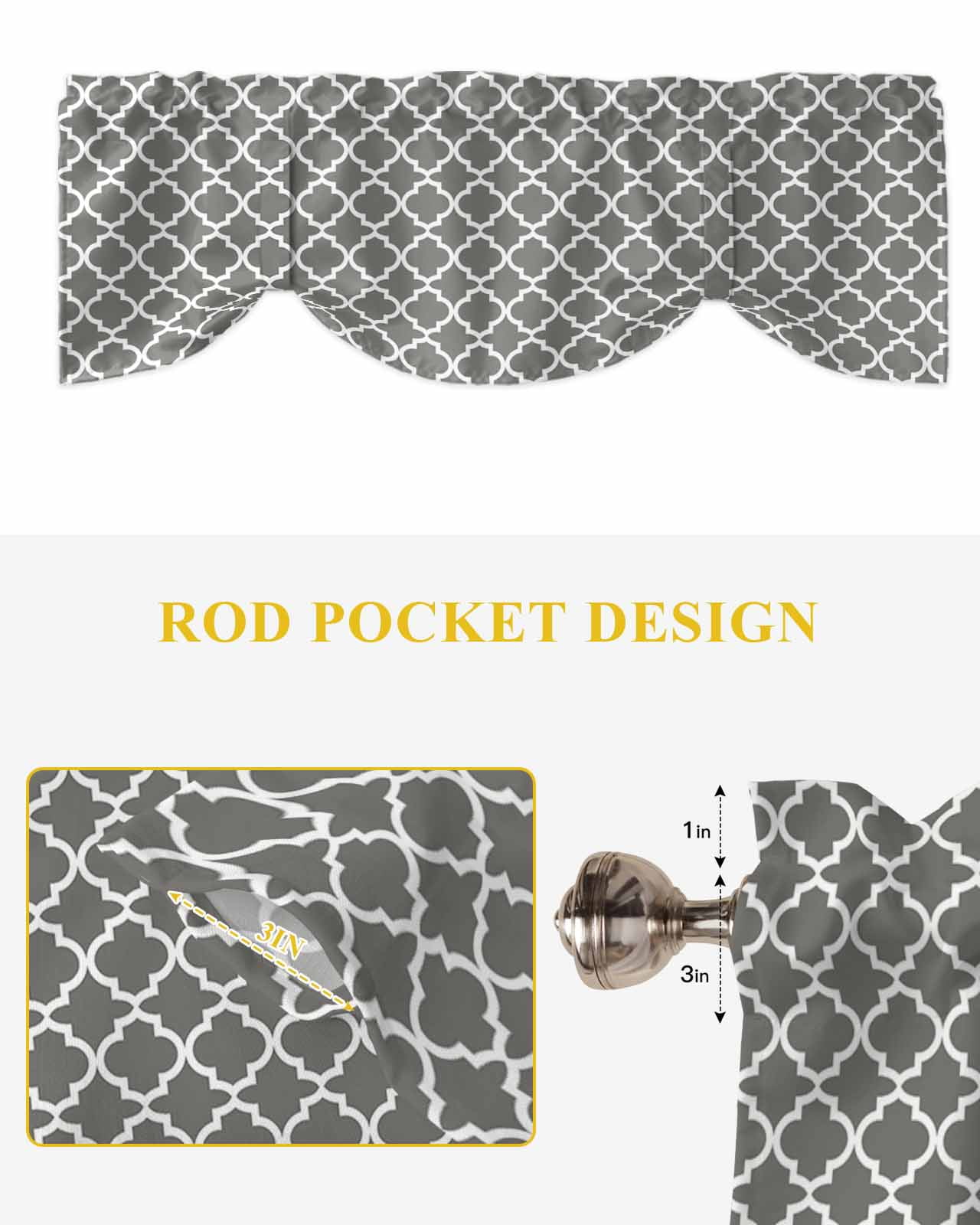 Moroccan Tie Up Valances Curtain, Adjustable Kitchen Grey Geometric Valances for Windows Decor, Rod Pocket Short Curtains Set for Bedroom/Bathroom, 54"x18"