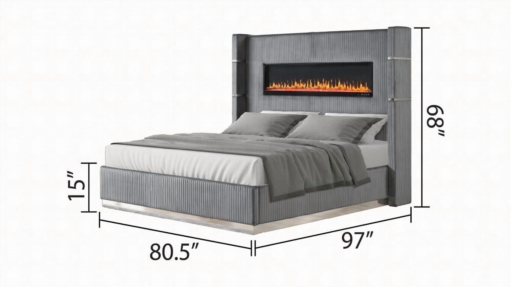 King Size wooden bed frame with ambient lighting in gray velvet finish,no box spring required for master bedroom