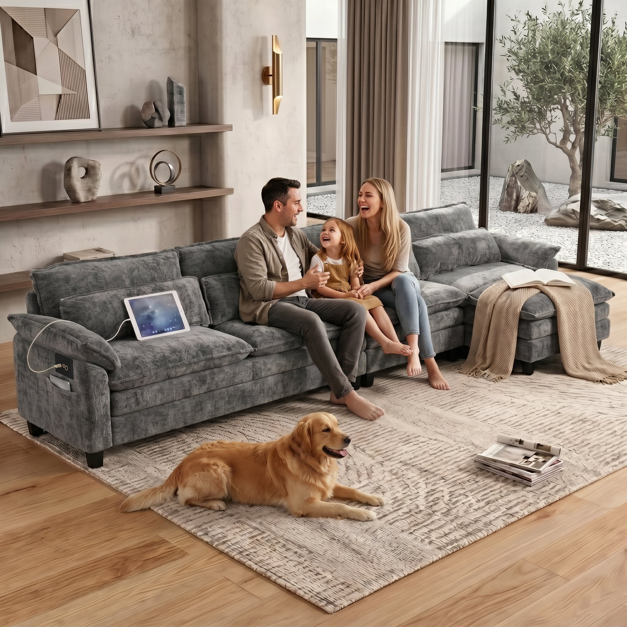 Howcool Cloud Couch Modular Sectional Sofa 4 Seat 148" L Shaped Convertible Couch Chenille Thick Cushion with Ottoman, Removable & Washable Cover for Living Room, Grey