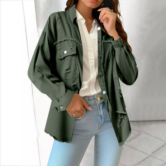 HUITKMM Womens Fall Jacket Women's Pure Color Loose Denim Jacket with Sleeves