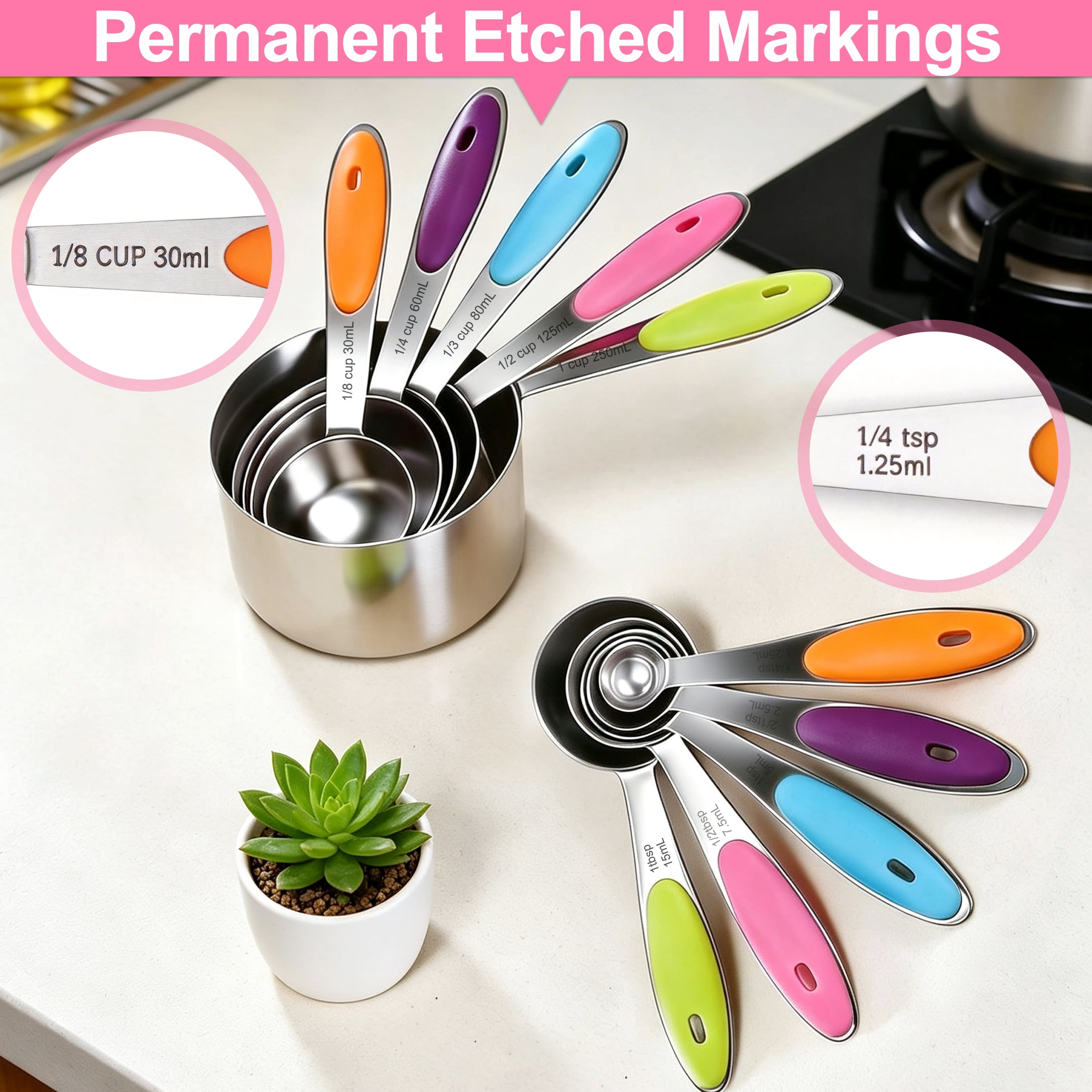 10-Piece Measuring Cups and Spoons Set, Stainless Steel Measuring Cup with Colorful Silicone Non-Slip Handles, Etched Markings, Stackable Kitchen Measuring Tools for Baking Cooking