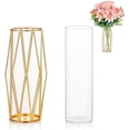 thumbnail image 1 of Jarrón cilíndrico de vidrio transparente con soporte de metal, moderno y decorativo para el hogar, 1 of 5