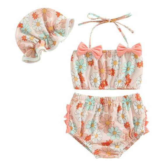 Musuos Baby Girls Three Piece Swimsuits, 6 12 18 24M Floral Print Halter Bikini Set Bathing Suit with Swim Cap