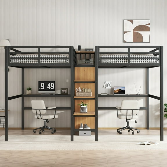 Twin Loft Bed with Desk, Twin Over Twin Metal Loft Bed with Wardrobe & Shelves, Space Saving Loft Bed with Electrical Outlet, Double Desk & Built-in Storage,Natural Wood