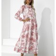 thumbnail image 3 of Vestido Estampado De Mujer Adorno De Volantes Suave Cuello Alto Cordón Lazo Cuello Dobladillo Largo Vestido Suelto Y Transpirable Rojo M, 3 of 7