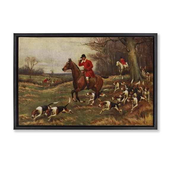 Stupell Industries Vintage Hunting Party Dogs People Painting Black Floater Framed Canvas Art Print Wall Art, 25 x 17