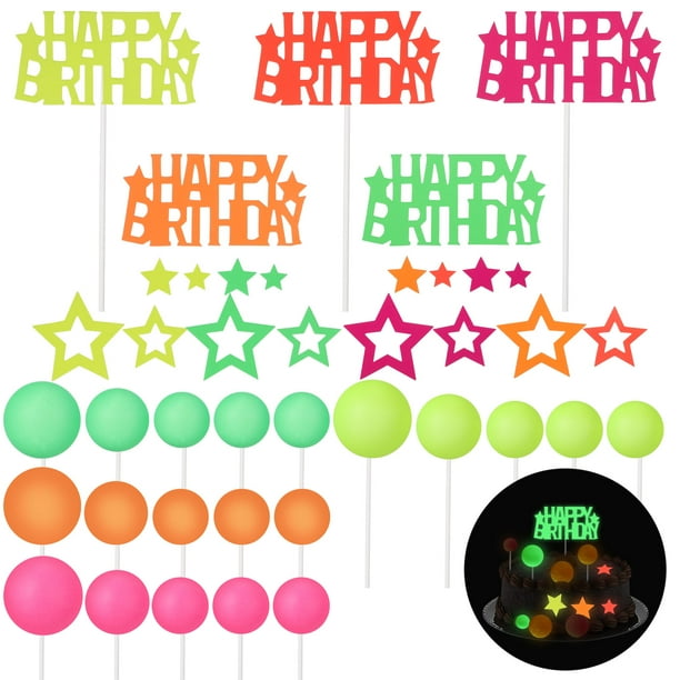 Set de 40 adornos luminosos para tartas: Adornos de bolas, estrellas y feliz cumpleaños - Decoraciones neón para fiestas de cumpleaños y bodas