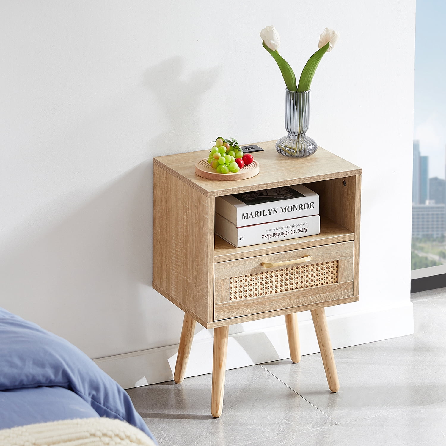 Kadyn Rattan Bedside Table, 15.75" Night Stand with Drawer and Solid Wood Legs, Modern Wood Nightstand for Bedroom, Natural Kadyn Rattan Bedside Table, 15.75" Night Stand with Drawer and Solid Wood Legs, Modern Wood Nightstand for Bedroom, Natural