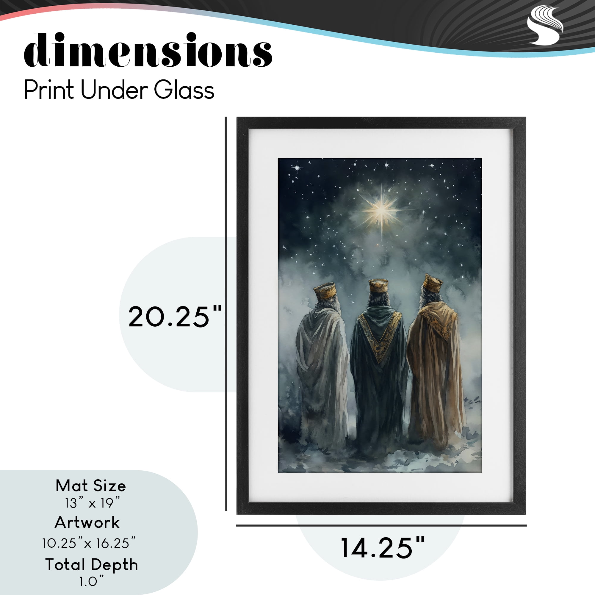 Three Wise Men & North Star Black Framed Print Under Glass, design by Petal Prints Design