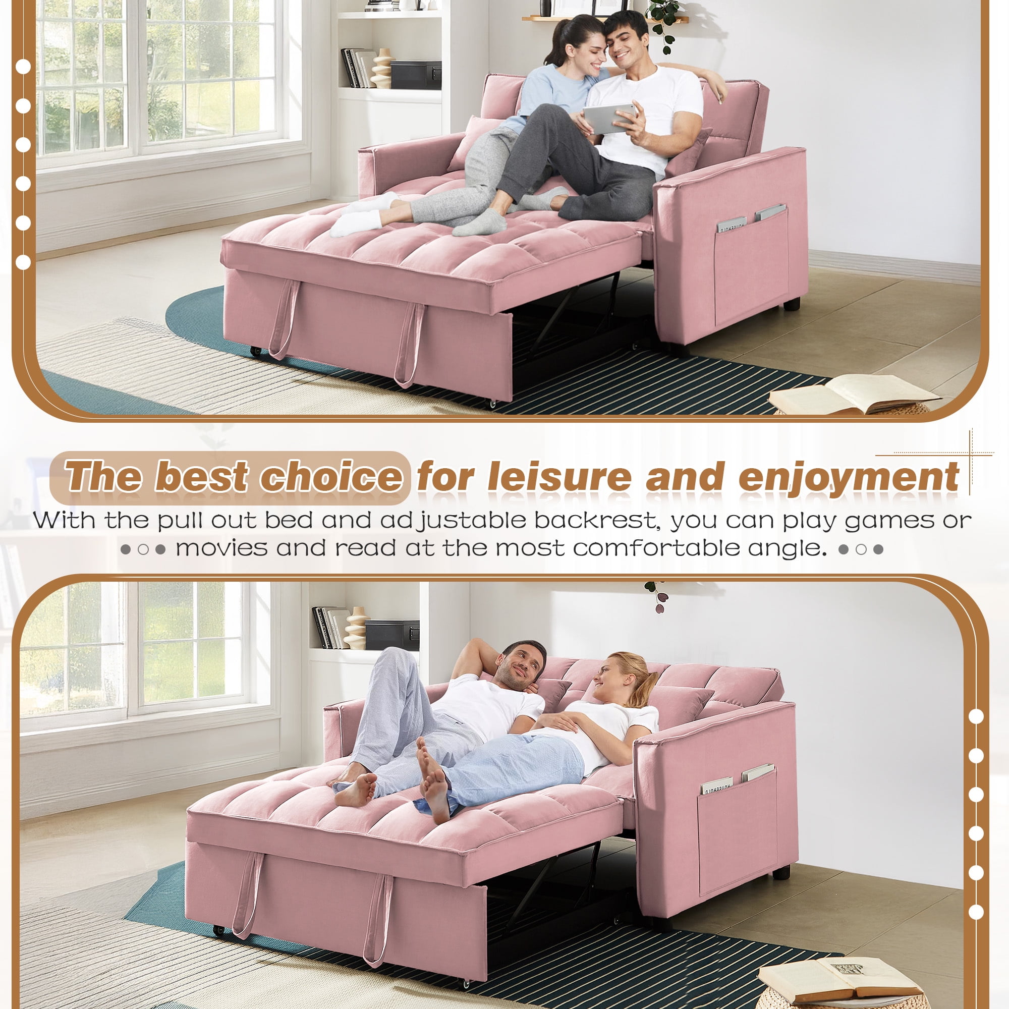 Lunale 4-in-1 Convertible Futon Sofa Bed, Pull Out Couch Beds Loveseat Sleeper, Pink Velvet