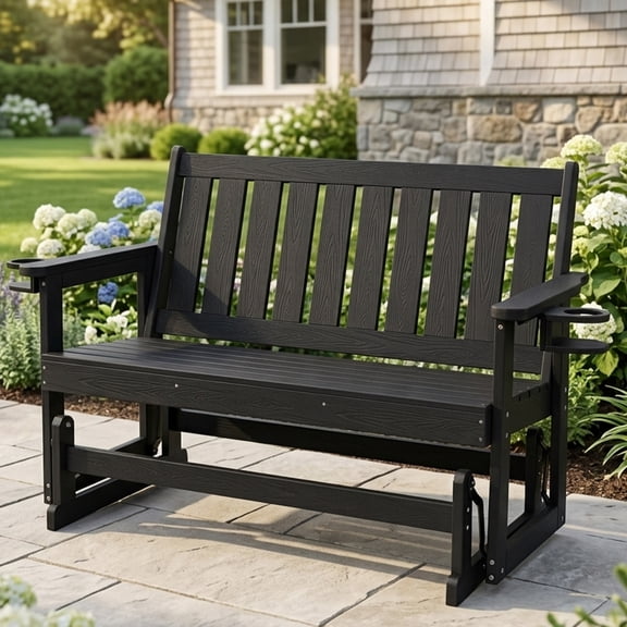 Mosbrisa Poly Lumber Patio Glider, HIPS Material Weather-Resistant Swing Bench for Outdoor Porch Garden (Black, 2-Seater)