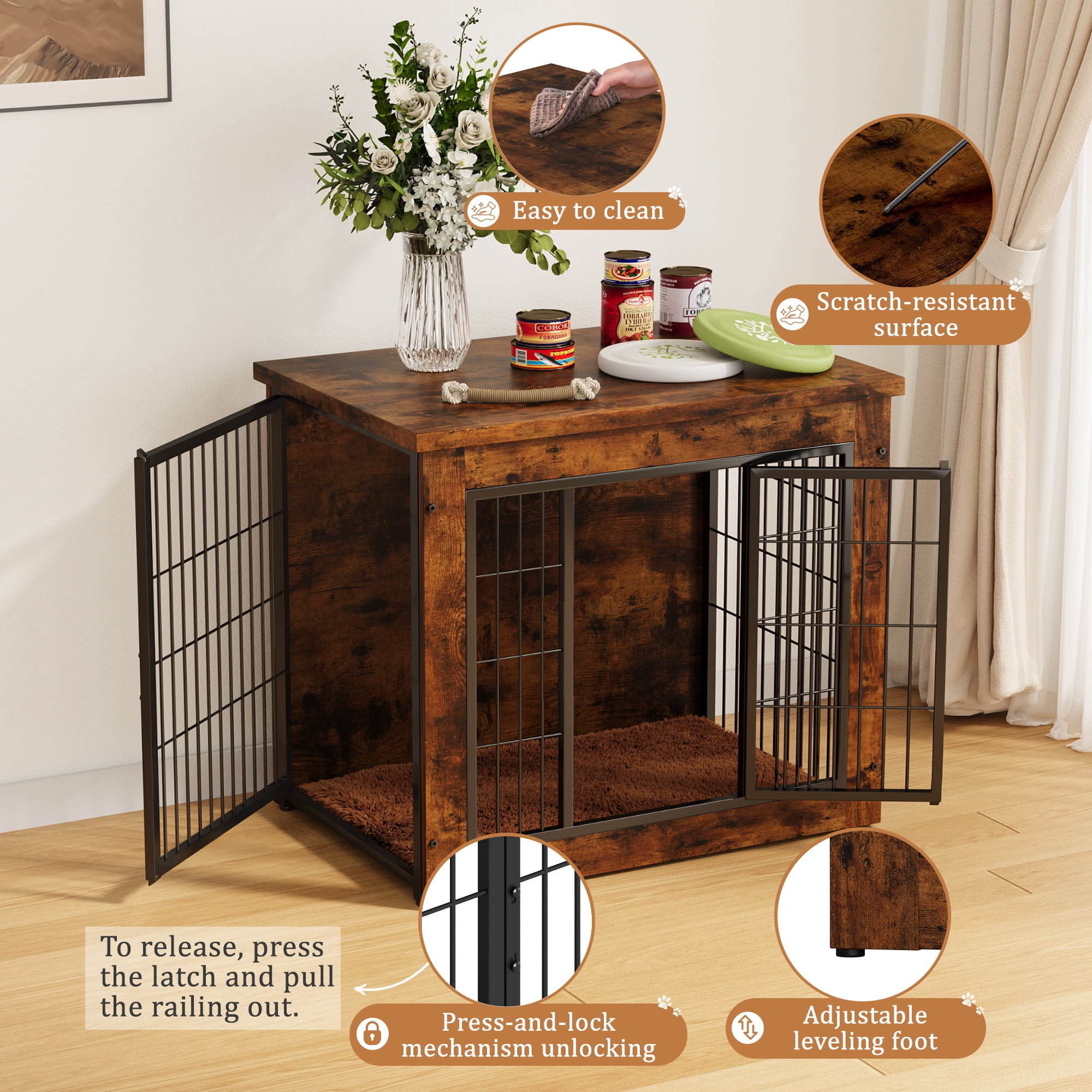 Furmax Wooden Indoor Dog Crate Furniture  with Double Doors and Thick Cushion,Brown