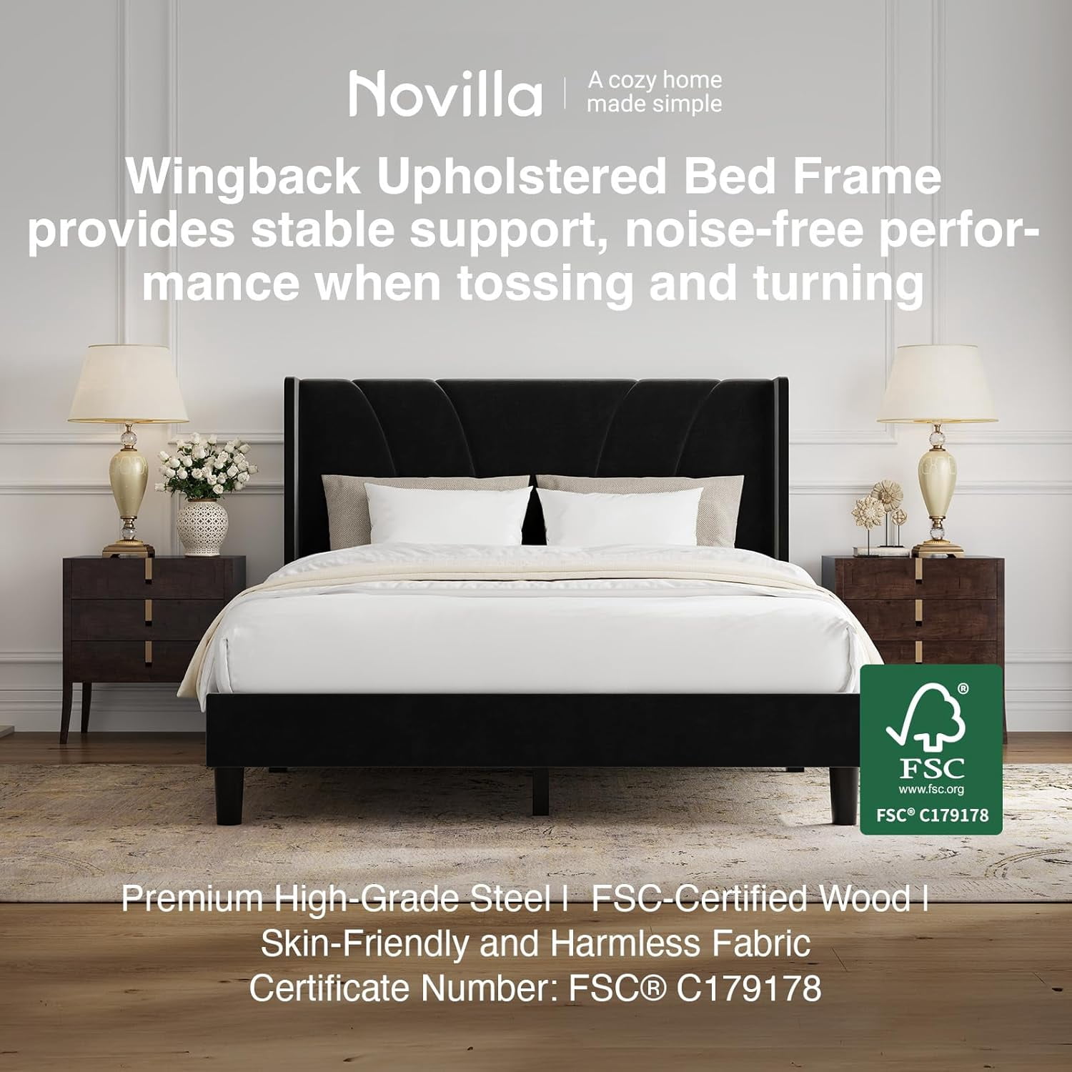 Novilla Queen Size Bed Frame, Queen Bed Frame with Headboard, Velvet Upholstered Wing Side Headboard, No Box Spring Needed, Heavy Duty Feet, Easy Assembly, Black Velvet