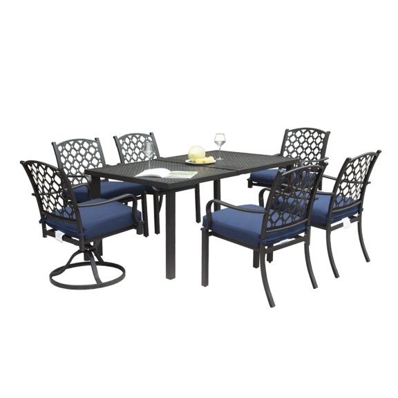 7-Piece Outdoor Patio Dining Set: Metal Swivel & Dining Chairs with Navy Blue Cushions, Antique Bronze, 350lb Capacity, Ideal for Garden, Lawn, Yard, Poolside Dining