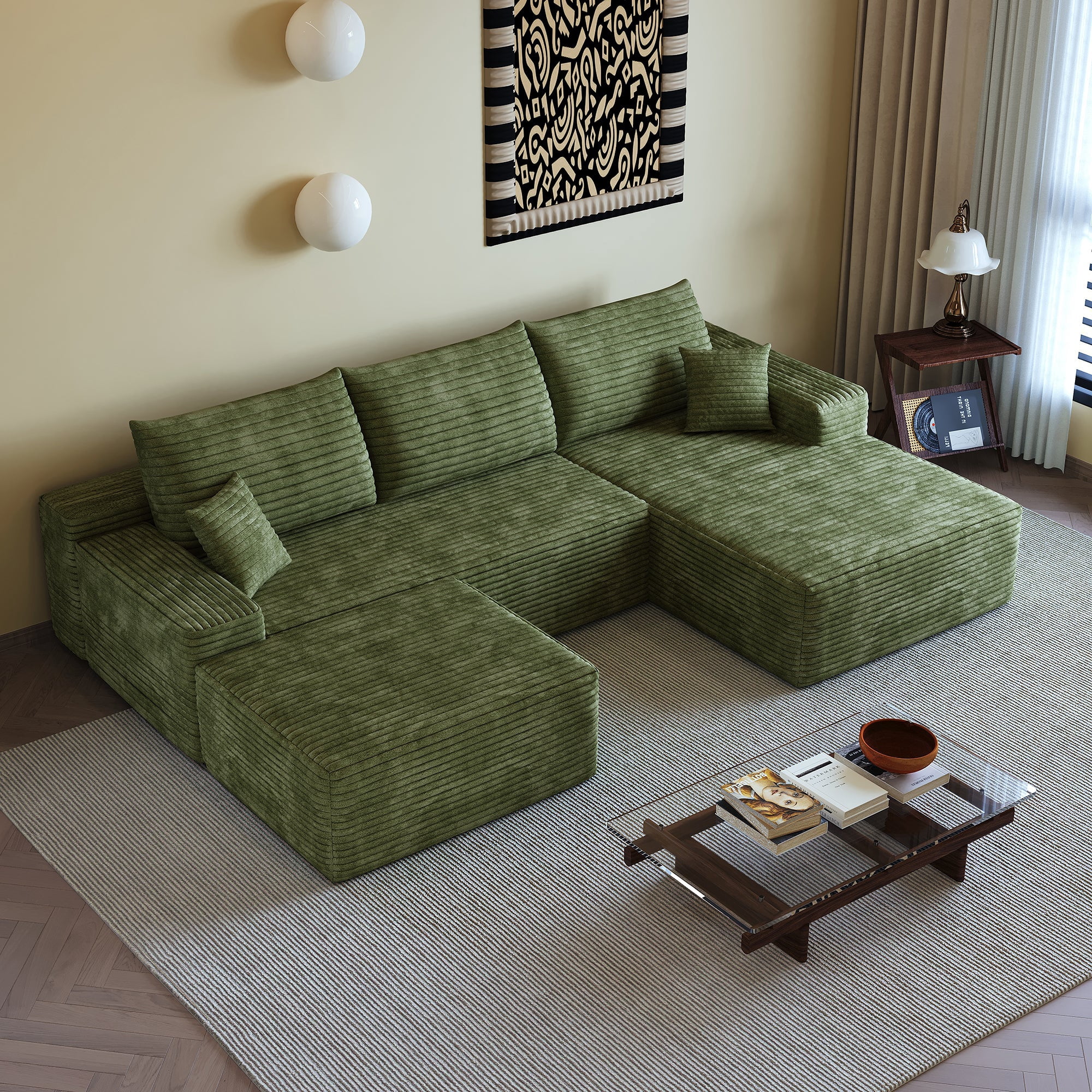Sailvan 107" Cloud Sectional Couch, Cloudy Sofa with L-Shape Chaise & Ottoman, Upholstered Couches for Living Room & Bedroom, No Assembly Required, Plush Corduroy Fabric, Green