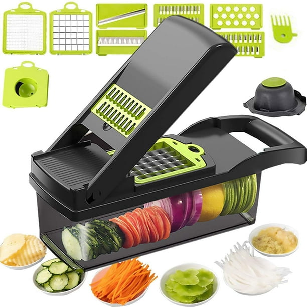 Picador de verduras 12 en 1, cortador de mandolina resistente, picador de patatas, cebolla, picador de alimentos, picador de verduras con pelador de verduras, protector de mano y contenedor (negro) Fason WMYD-8