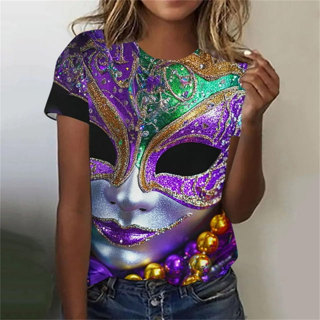 RKSTN Women's Oversized Mardi Gras T Shirts Crewneck Funny Carnival Graphic Printed Short Sleeve Shirts Tops Womens Casual Summer Plus Size Round Neck Loose Fits Comfy Holiday Tee Shirts