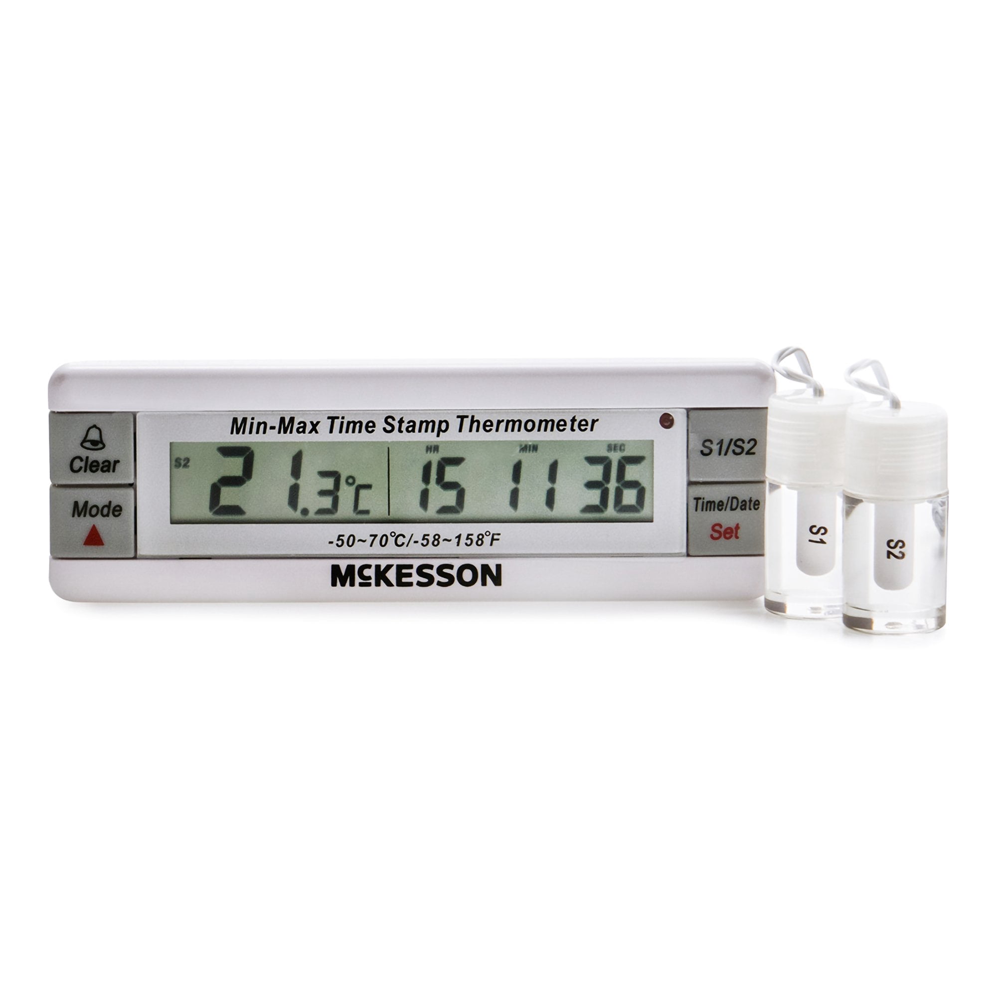 McKesson Desk / Wall / Door Mount Dual (°F °C) Digital Refrigerator / Freezer Thermometer with Alarm